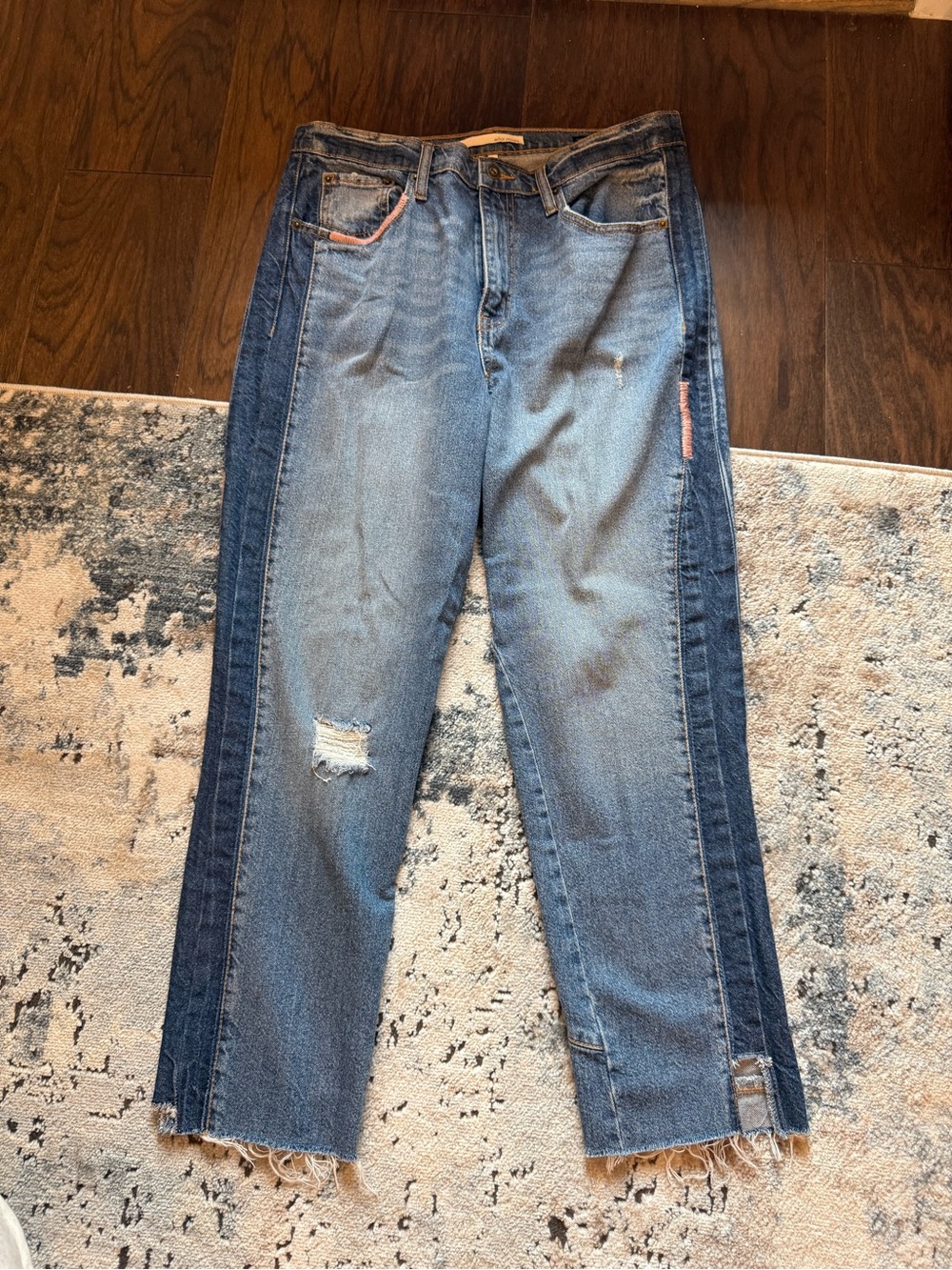 Ella Moss Two-Tone Blue High Waist Straight Ankle Jeans with Raw Hem